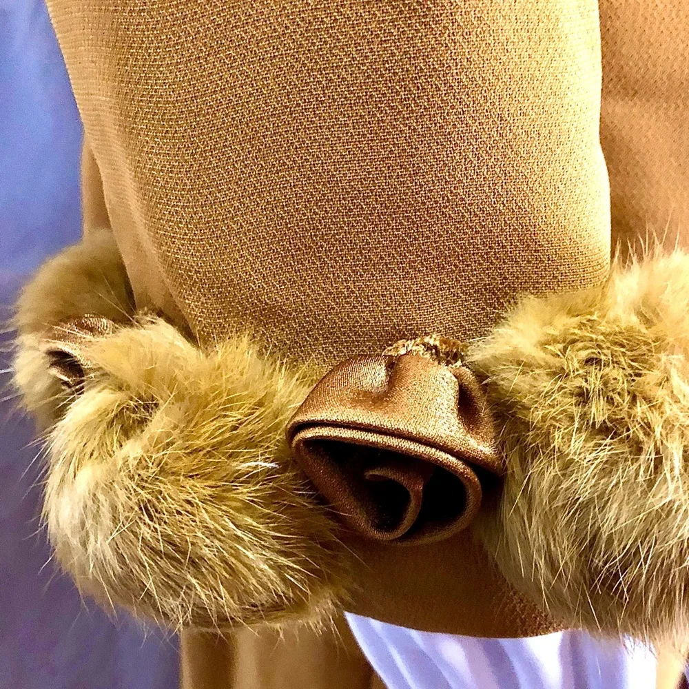 MILANO Gold Button down Long sleeve Suit coat and midi skirt Fur Accents Luxe - Picture 2 of 7